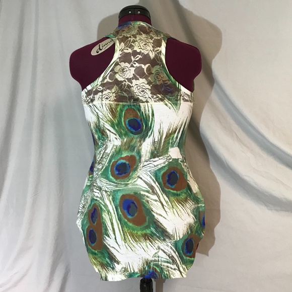 Peacock feather, lace razorback, sleeveless top. - Picture 3 of 5